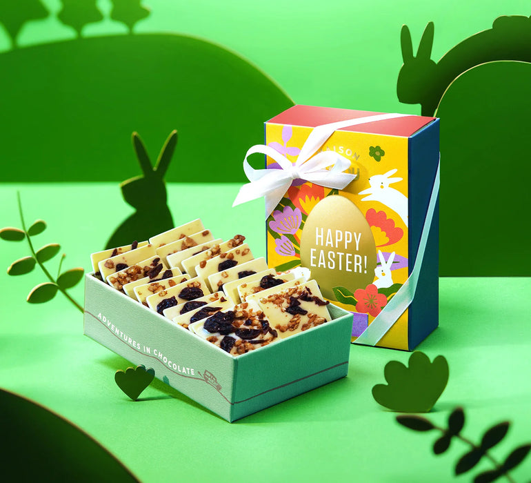 White chocolate 44% Napolitains Roasted Cashew & Raisin – Easter Edition